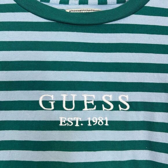 Guess Mens T-Shirt Medium Striped Short Sleeve 90s Y2K Spellout Embroidered Blue - Picture 3 of 10